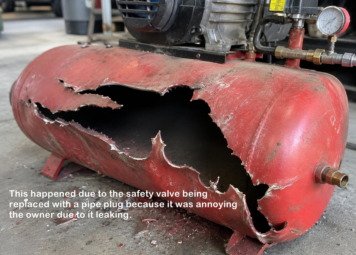 Ruptured air compressor tank this is what happens when a safety valve is defective or has been removed from an air compressor